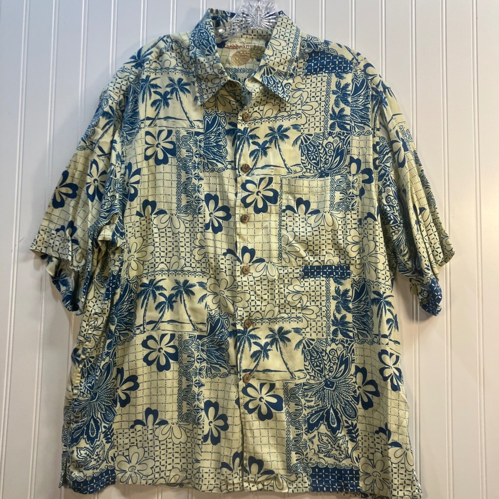 Caribbean Mens Silk Cotton Tropical Patchwork Palm Tree Aloha Shirt Blue Large
